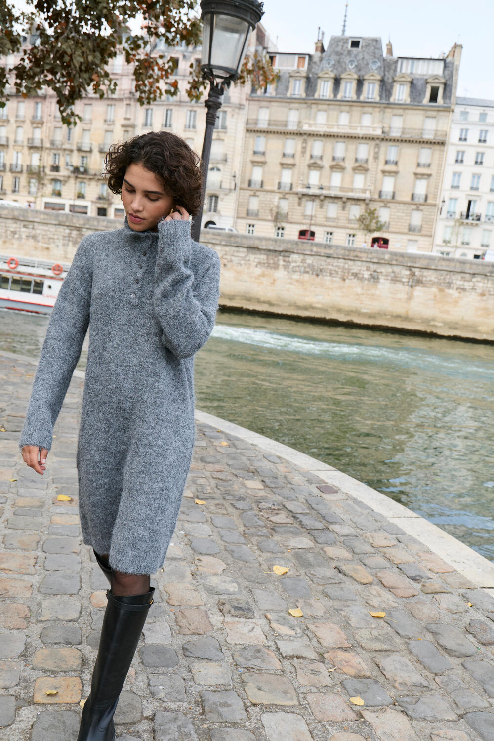 Vinynni Highneck strikkjole - Dark Grey Melange